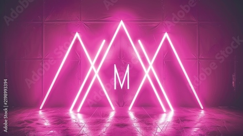 Neon Pink Mountain Symbols with Letter M on Dark Wall Modern Artistic Light Display