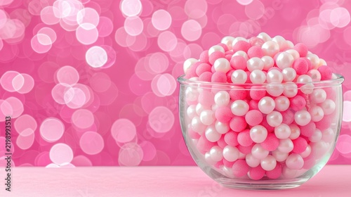 Pink Pearl Candy in Clear Glass Bowl on Pink Bokeh Background