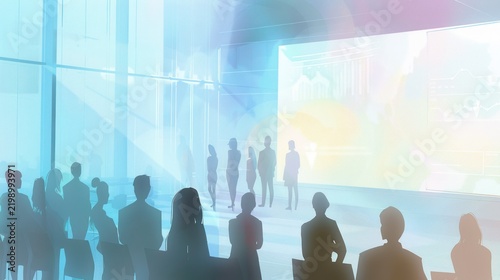 Businesspeople Silhouettes in Modern Conference Center with Digital Charts and Bright Lighting