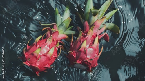Fresh Pink Dragon Fruits Floating in Dark Water with Ripples and Water Droplets