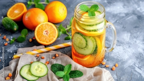 Refreshing Fruit Infused Water with Cucumber Orange and Mint in Mason Jar on Gray Surface