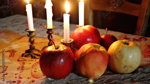Decorative Apples and Candles on Elegant Tablecloth in Warm Lighting