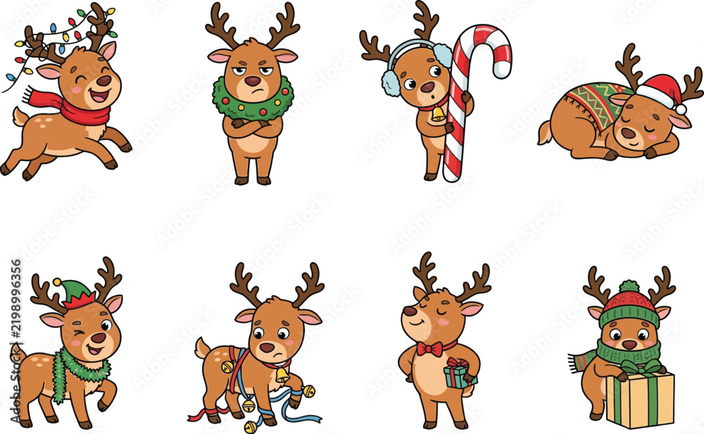 Fototapeta premium Cute Christmas Reindeer Character Collection Festive Winter Holiday Animal Illustration Set