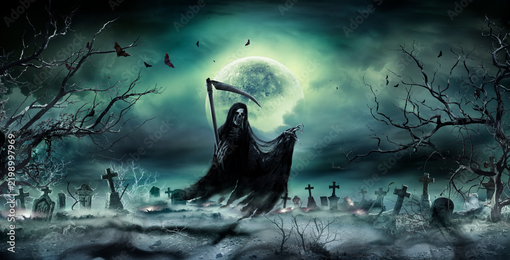 Fototapeta premium Grim Reaper - Death Demon With Scythe And Halloween Moon In GraveYard