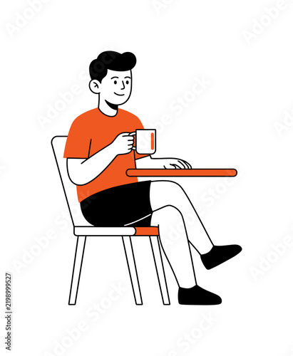 A young man sitting on a chair while drinking coffee in a modern flat illustration style.