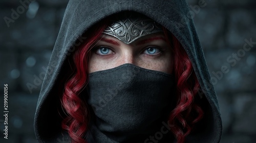 Mysterious female rogue with vibrant red curly hair and piercing blue eyes wears a dark hood and silver metal circlet
