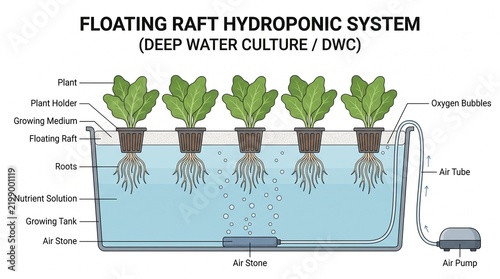 Diagram showing deep water culture hydroponic growing system with plants roots and air pump setup