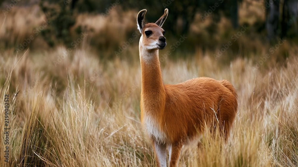 Obraz premium A brown llama stands alert in tall golden grass with blurred trees in the background under soft natural light