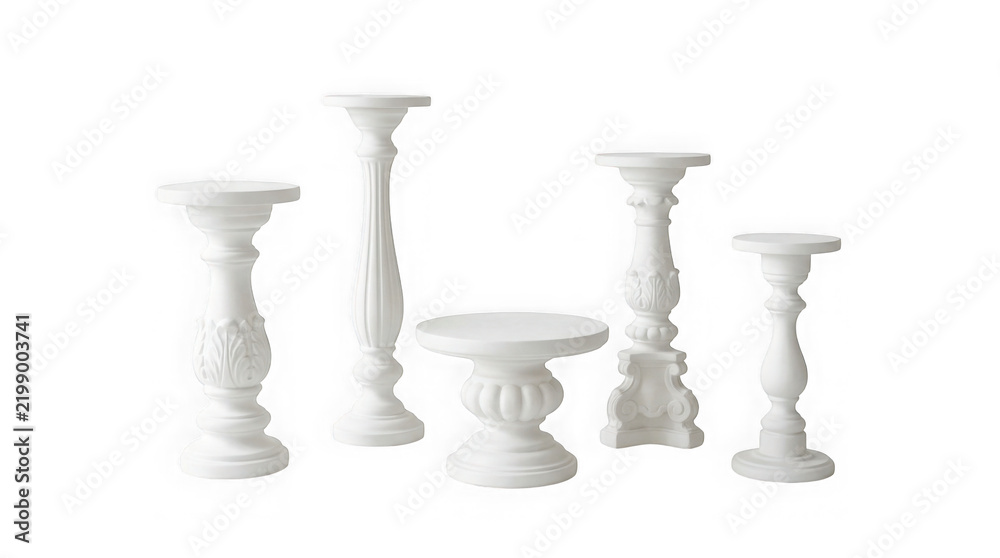 Fototapeta premium Set of five white decorative pedestals and candle holders of different heights isolated on transparent background