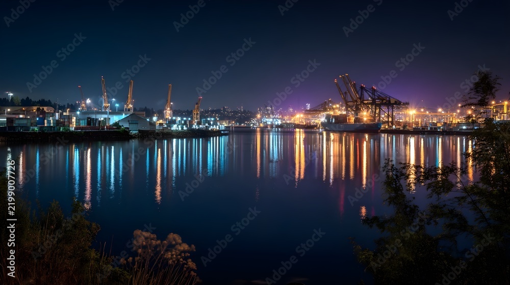 Fototapeta premium Nighttime dockside scene with cranes and shimmering harbor reflections