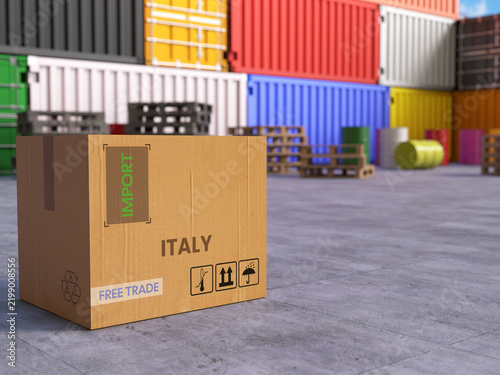 Cardboard Import Box with Italy Text in Front of Stacked Shipping Containers