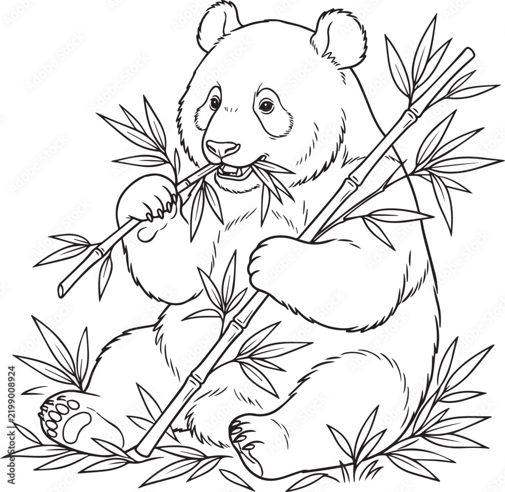 Obraz premium Black and white line of a giant panda eating bamboo