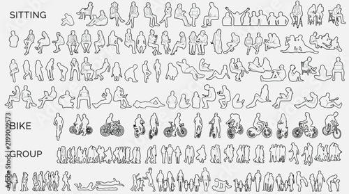 architectural scale figures collection with people elevation silhouettes sitting and cycling for building section design