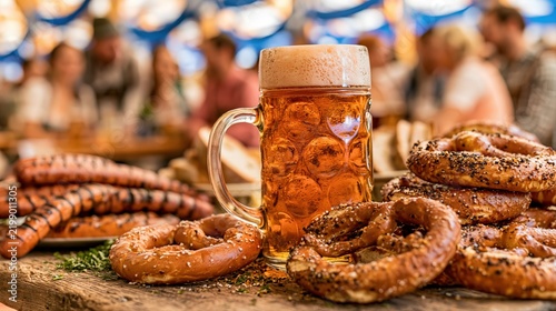 A foamy beer stein sits on a rustic table surrounded by pretzels and sausages at a Bavarian festival. Warm sunlight and lively guests create a classic Oktoberfest atmosphere.