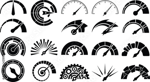 speedometer icon set with gauge vector silhouettes and dashboard dial indicators for ui and vehicle speed tracking