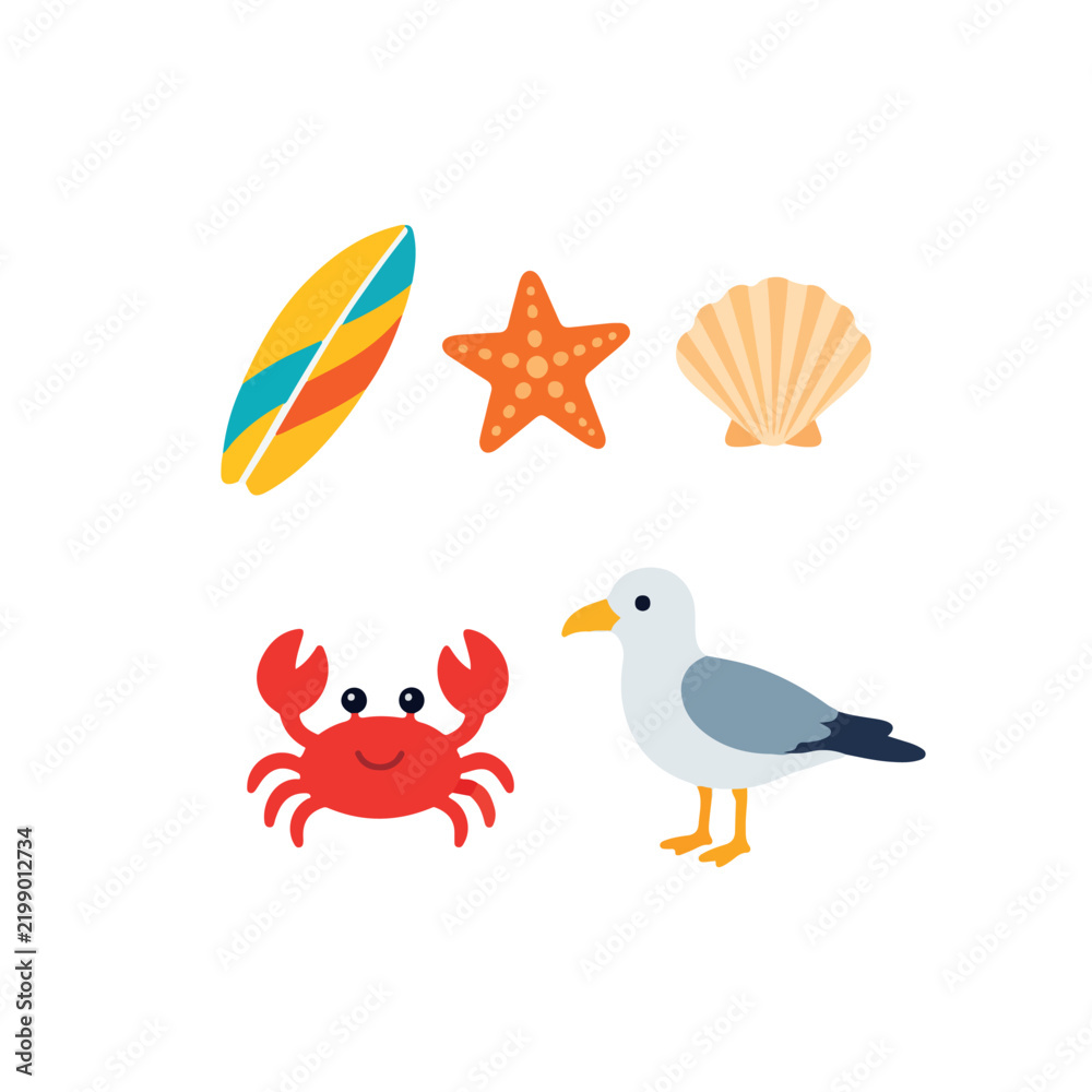 Fototapeta premium Colorful Beach Travel Icons with Surfboard Starfish Shell Crab and Seagull