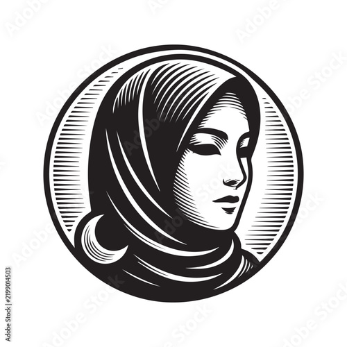 Bild auf Leinwand Black and white engraving style illustration of a woman wearing a hijab in a circular frame