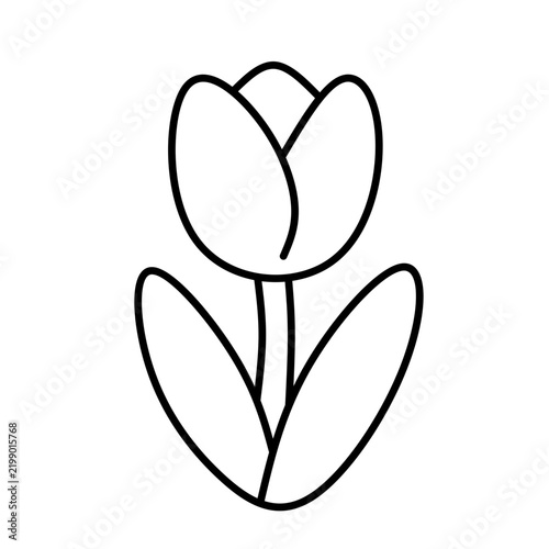 A clean and simple black line art illustration of a single tulip flower with two leaves centered on a gray backdrop. Ideal for minimalist logo designs or spring floral icons.