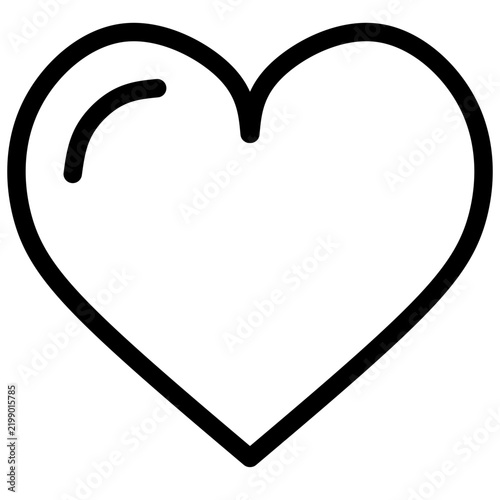 A clean minimalist heart icon featuring a bold black outline and a single highlight mark on the upper left curve. Professional vector graphic. Perfect for romantic or healthcare UI designs.