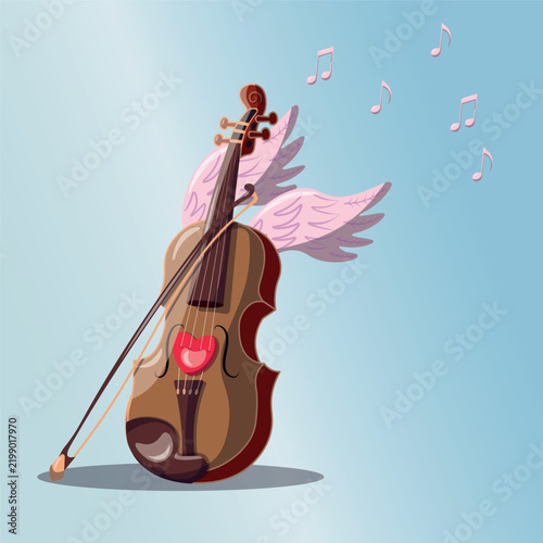 Illustration of abstract violin with heart and wings, and a bow with notes