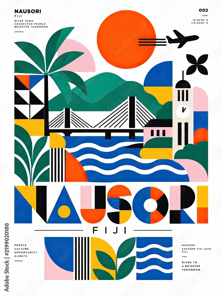 Obraz premium Colorful geometric travel poster featuring Fiji-inspired mountains, bridge, ocean waves, tropical leaves, sun, airplane, and stylized architectural forms.
