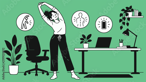 Illustration of an exhausted office worker stretching beside a desk, surrounded by plants and fatigue symbols, representing workplace burnout and the need for rest.