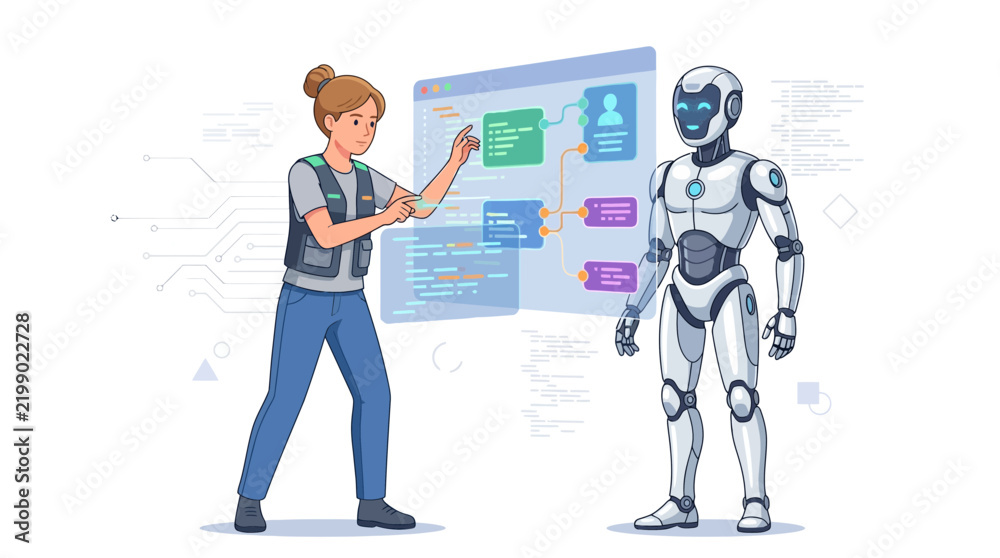 Fototapeta premium Woman Programmer Interacting with AI Robot and Futuristic Interface for Coding and Development