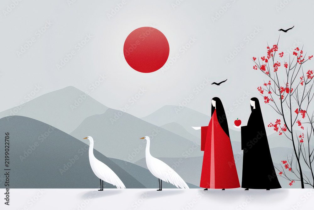 Obraz premium Red sun, crane, mountain, and two figure share story in flat Japanese art