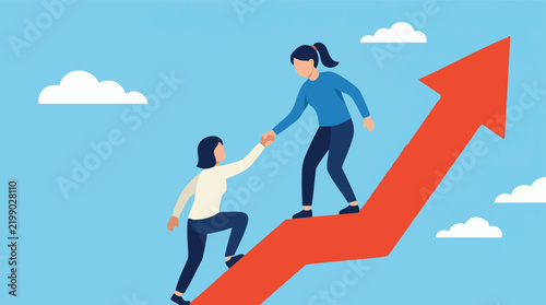 Two women collaborating and helping each other climb an upward arrow