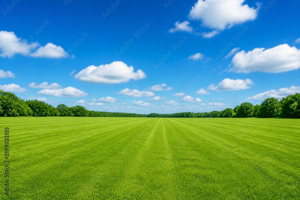 Obraz premium Expansive grassy field stretching under scattered white clouds sky