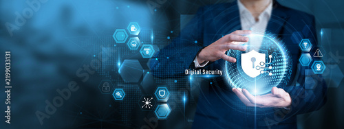 Businessman Hand Hold Digital Security and global Cyber Data Protection, Encrypted Firewall Network, Identity Verification System, Information Defense, Privacy Protection Interface
