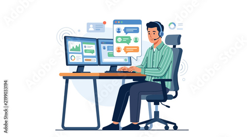 Customer Service Agent Working on Dual Monitors with Chat and Analytics Interface
