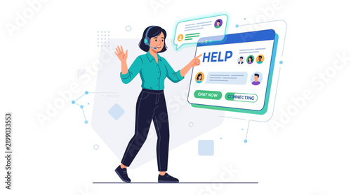 Customer support agent with headset assisting user via online chat interface, concept for helpdesk and communication
