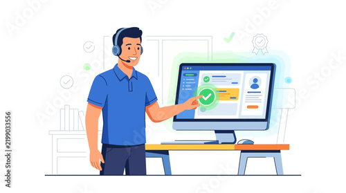 Customer Support Agent with Headset Interacting with Computer Interface Showing Success and Verification Icons
