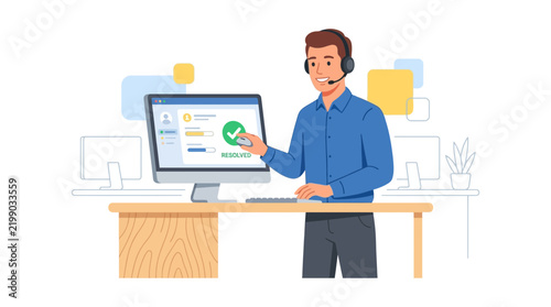 Customer Support Agent with Headset Resolving Issue on Computer Screen, Vector Illustration