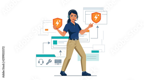Customer Support Agent with Security Shield and Network Diagram, Technical Assistance and Cybersecurity Concept