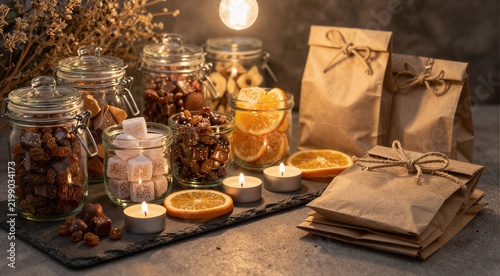 Assorted dried fruits and packaged gifts on table with candles
