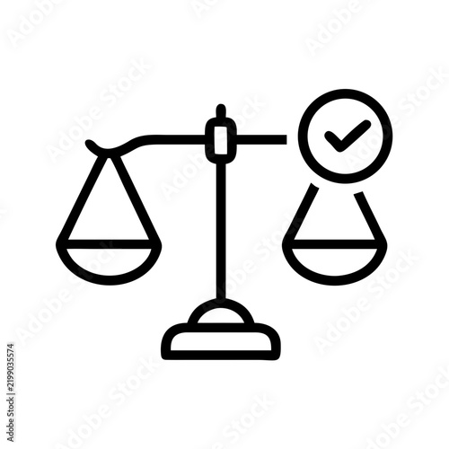 Scales of justice with check mark icon black linear design.