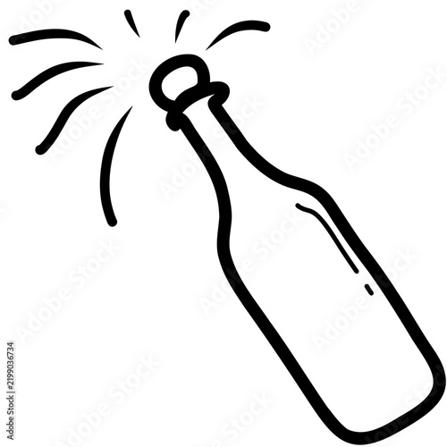 Champagne Bottle Popping Doodle Icon Celebration Party Drink Line Art Vector
