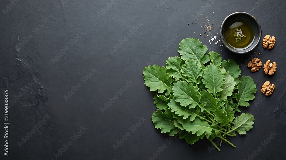 © ety - Fresh green kale leaves with walnuts and olive oil on a dark slate background