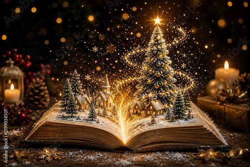Open storybook revealing a magical snowy Christmas village with illuminated houses, evergreen trees and glowing Christmas tree surrounded by sparkling golden lights in a festive holiday atmosphere.
