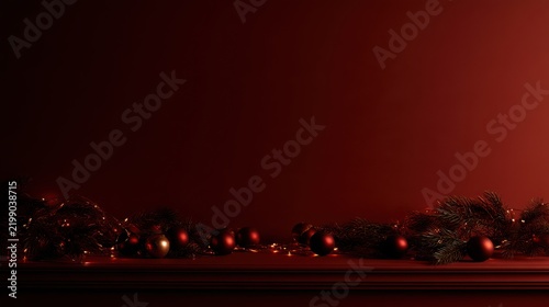 Red Christmas ornaments and pine branches rest on a crimson mantelpiece against a dark red wall, illuminated by warm festive lights with ample copy space.
