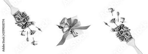 Gift box and paintbrush with roses and on a white background. Top view.