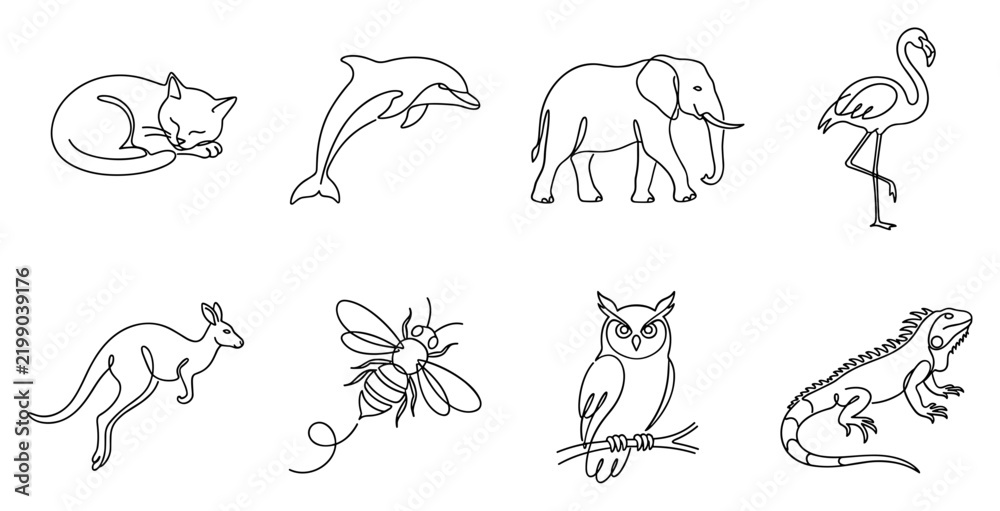 Obraz premium A collection of eight various animals sketched in outline style including a cat dolphin elephant flamingo kangaroo bee owl and iguana.