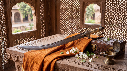 Ornamental curved sword on wooden table decorated with floral pattern historical object traditional sculpture decorative historical intricate craftsmanship oriental ethnographic heritage