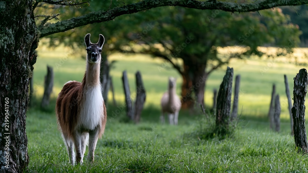 Obraz premium A brown and white llama stands alert in a sunlit green pasture framed by trees and wooden fence posts
