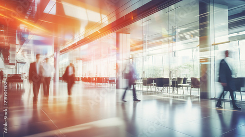 crowd of business people walking and talking in a modern company office. Geometric pattern and skyscrapers foreground. Toned image double exposure mock up blurred