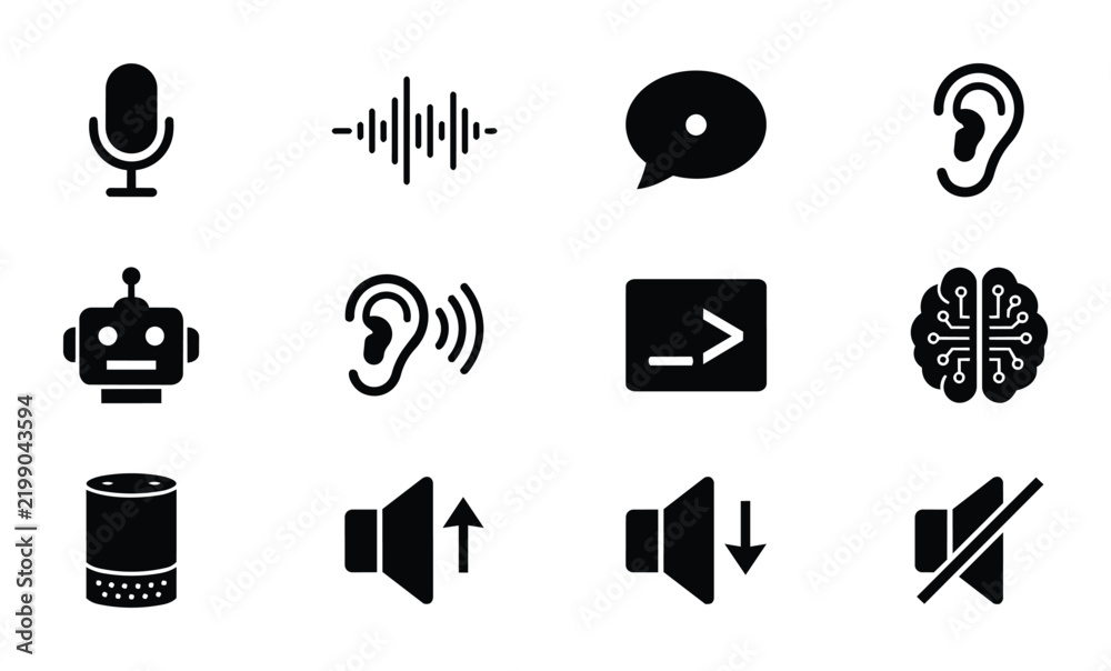 Fototapeta premium Speech Recognition Icons: Microphone, Sound Wave, Chat, Ear, Robot, Brain, Volume Control, Mute