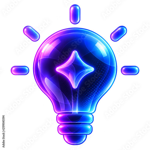 Neon glowing light bulb icon with purple and blue gradient, futuristic electric idea symbol isolated on white background