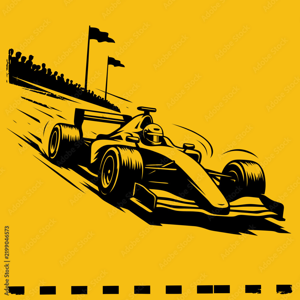 Obraz premium Racecar speeds along a curve on a racetrack with spectators watching in this graphic woodcut style illustration.